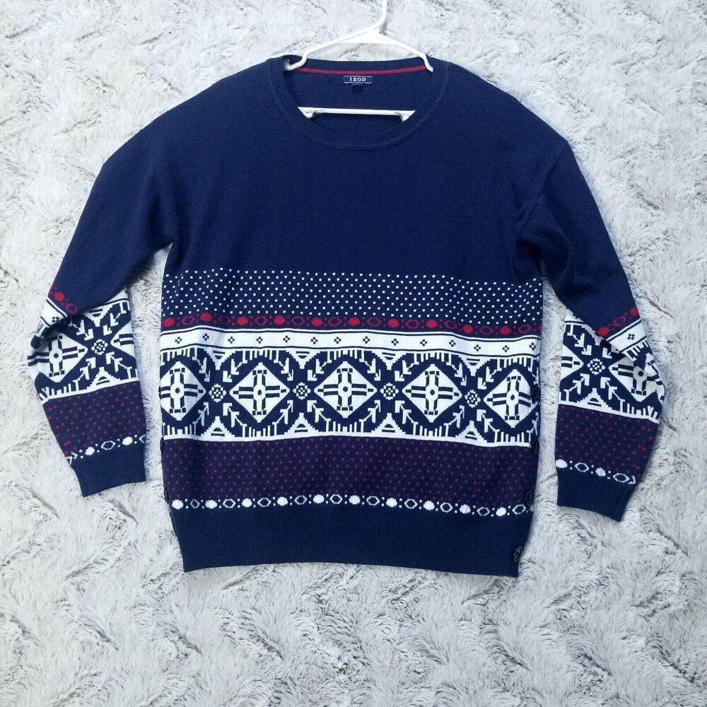 Izod Snowflake Fair Isle Womens Sweater Large Blue New Buttons Winter